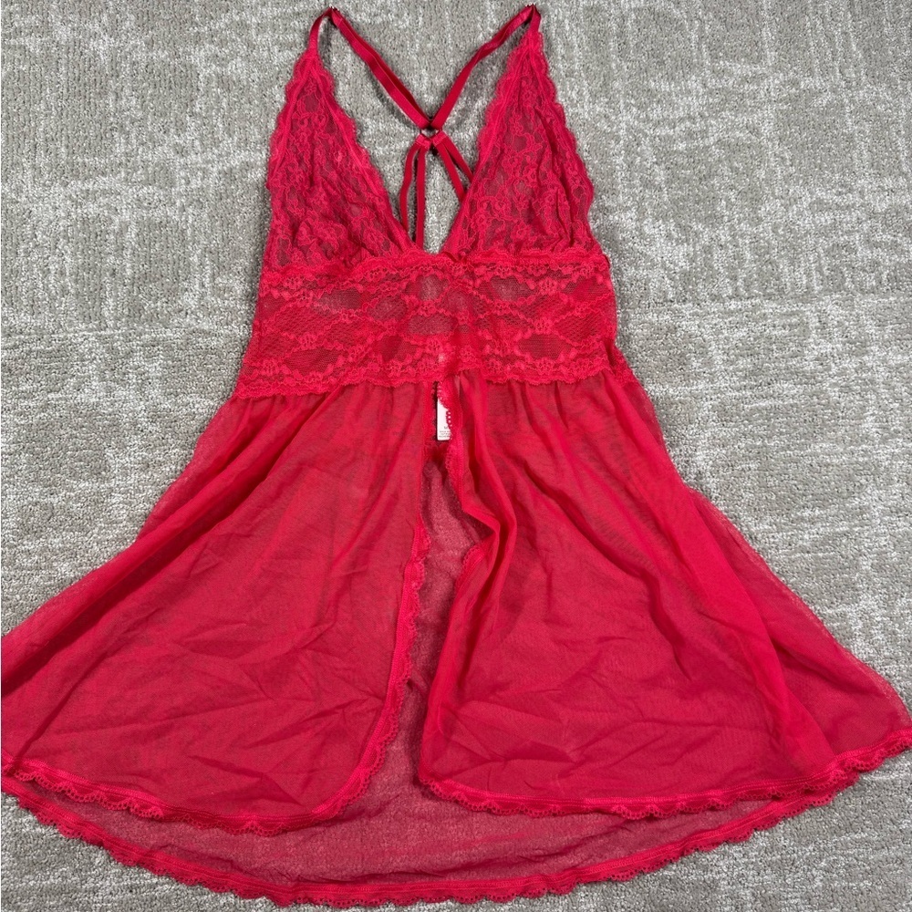 Victoria Secret Red Lace Tulle Plunge Babydoll Lingerie Women Size Medium